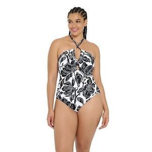 NWT Freshwater Keyhole Halter Black/White Floral 1-Piece Swimsuit Women’s Sz 2X